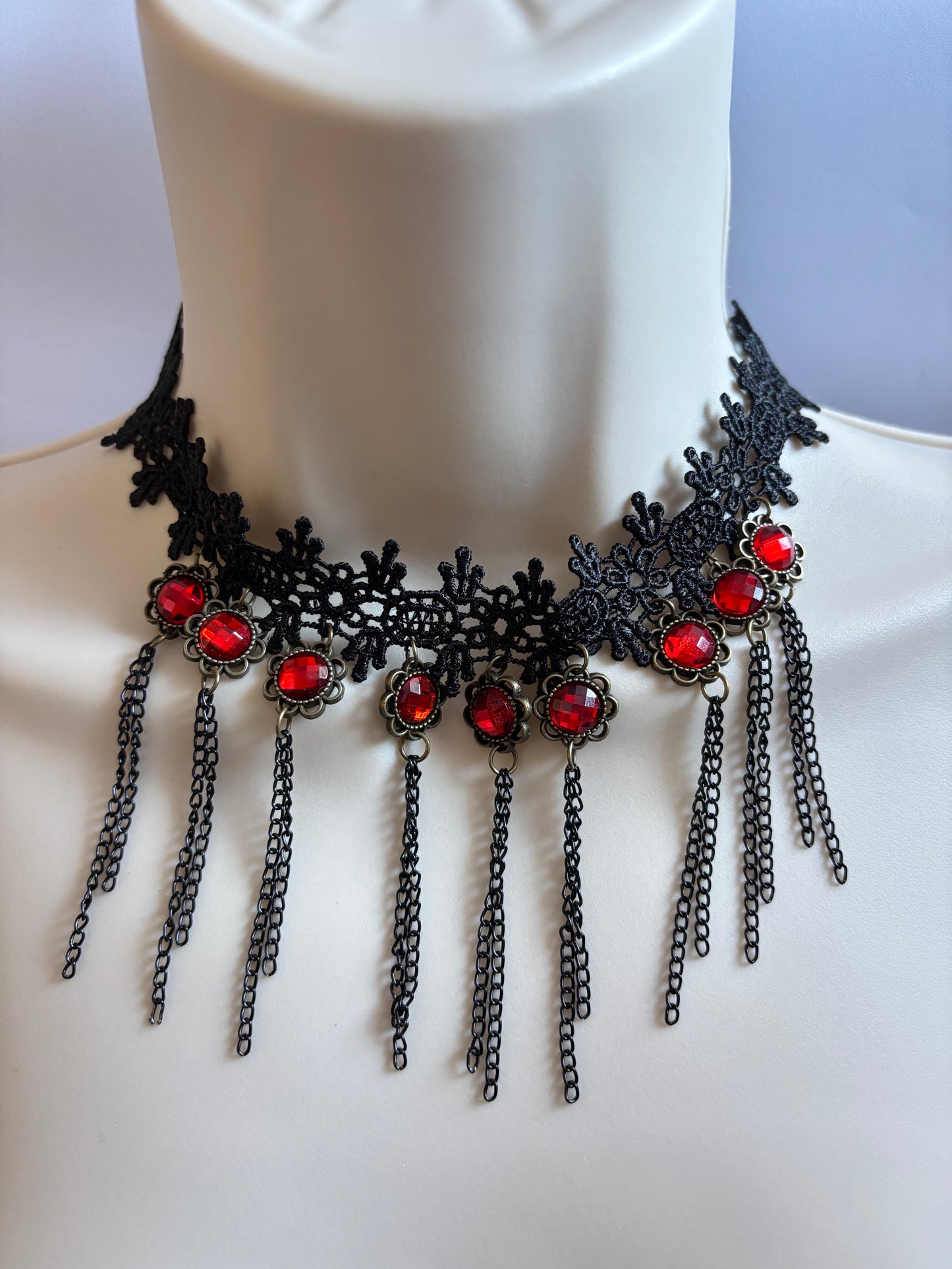 Punk Minimalist Geometric Floral Tassel Necklace - Gunmetal Black with Red Gemstone Accents