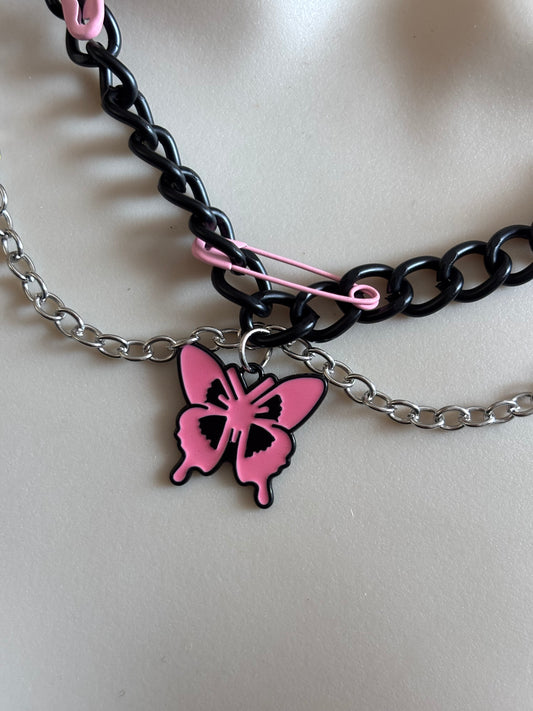 Unique Alloy Pink Butterfly Pendant Black Chain Necklace with Golden-Tone Accents
