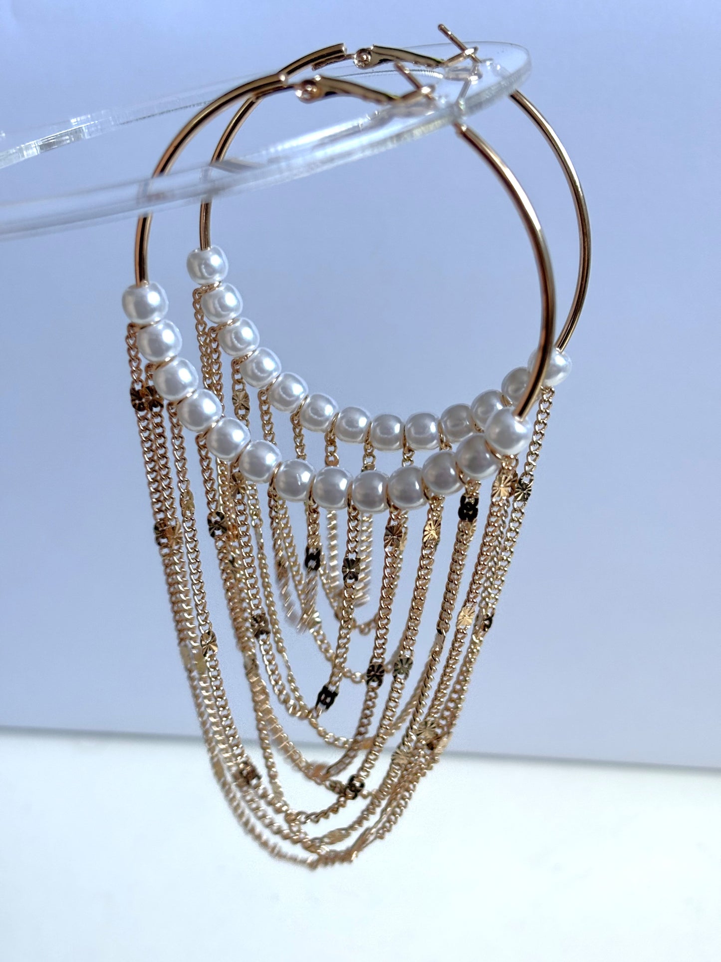 Chain Tassel Pendant Faux Pearl Decor Hoop Earrings Elegant Simple Style