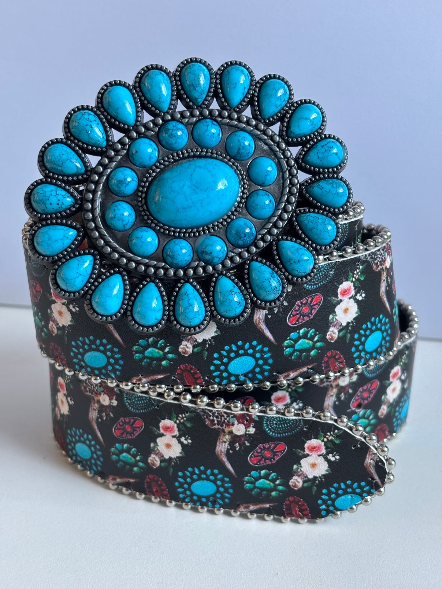 Western Retro Belt - Vintage Cowboy buckle with Turquoise-like Gemstone