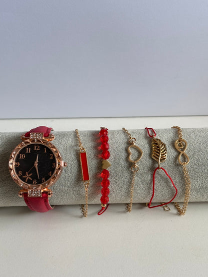 6pcs New Fashion Quartz Watch Set, Alloy Dial, 5 bracelets