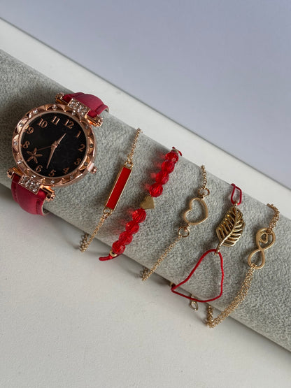 6pcs New Fashion Quartz Watch Set, Alloy Dial, 5 bracelets