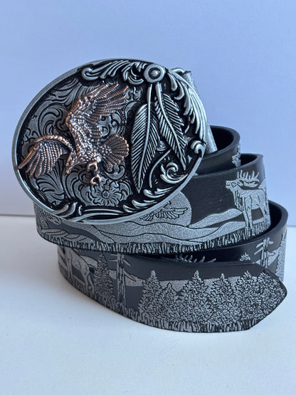 Western Cowboy Style Eagle Emblem Faux Leather Belt with Alloy Buckle