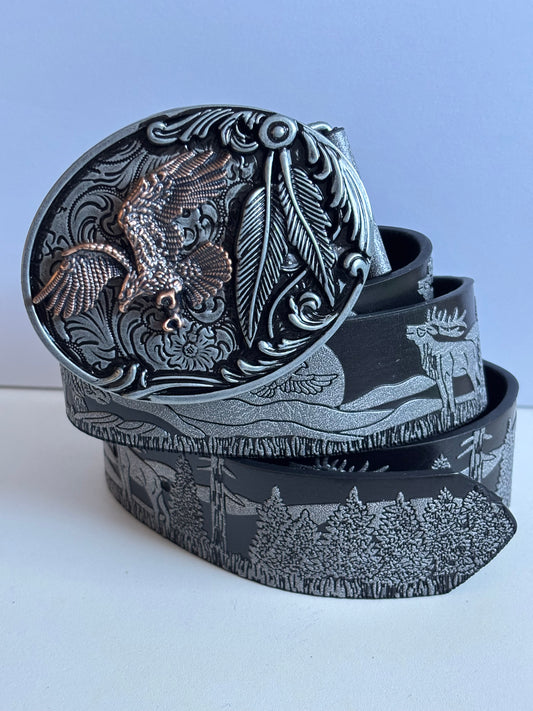 Western Cowboy Style Eagle Emblem Faux Leather Belt with Alloy Buckle