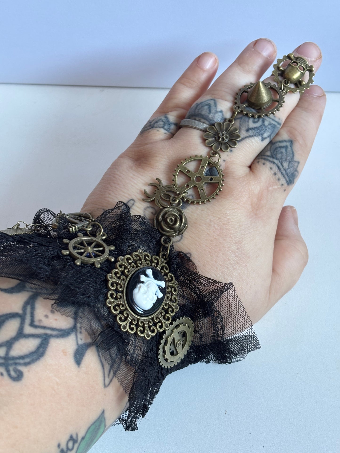 Skull Ring &amp; Bracelet Set - Gothic Mechanical Vintage Style, with Golden Accents