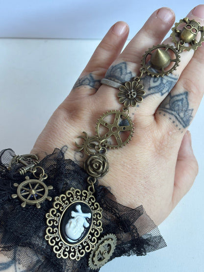 Skull Ring &amp; Bracelet Set - Gothic Mechanical Vintage Style, with Golden Accents