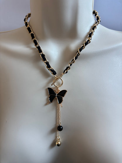 Elegant Black Butterfly Pendant Necklace with Golden-Tone Chain