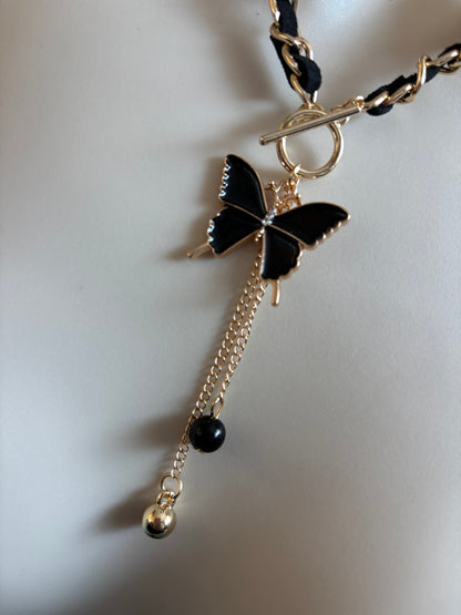 Elegant Black Butterfly Pendant Necklace with Golden-Tone Chain
