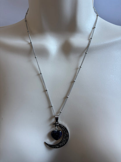 Blue Sand Heart Pendant Necklace, Moon Design, Stainless Steel