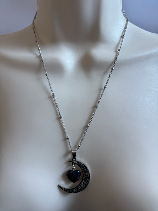 Blue Sand Heart Pendant Necklace, Moon Design, Stainless Steel
