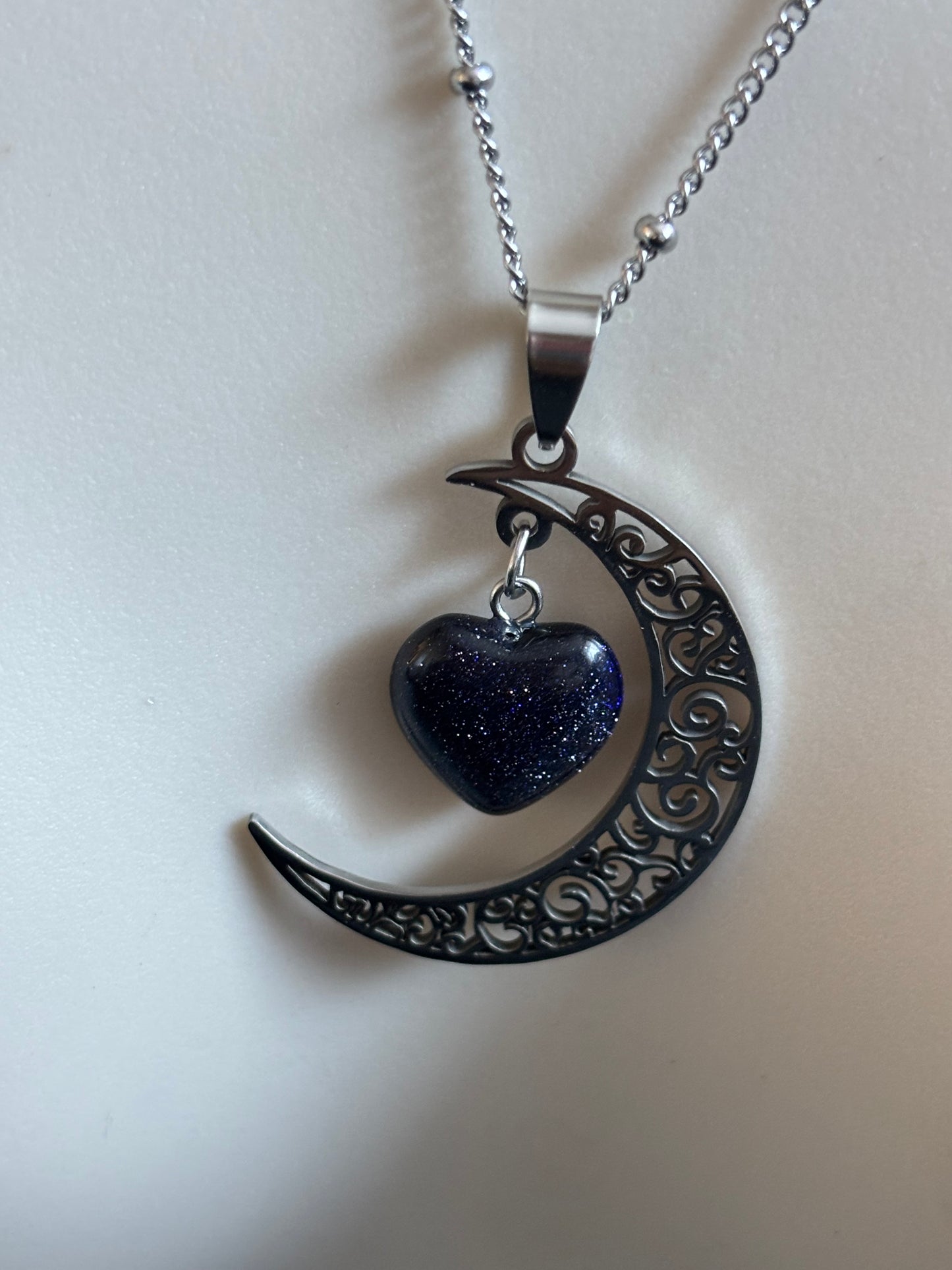Blue Sand Heart Pendant Necklace, Moon Design, Stainless Steel