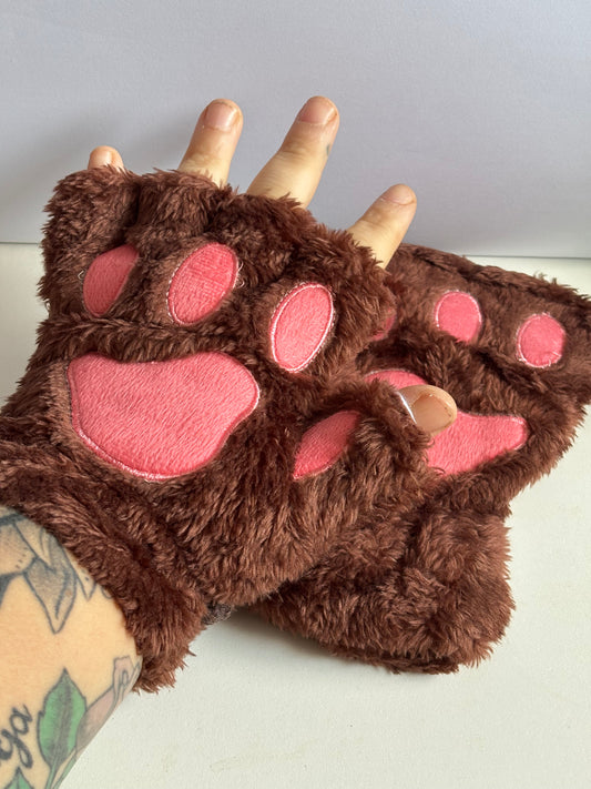 Plush Winter Gloves with Cat Paw Design - Half-Finger Thermal Gloves
