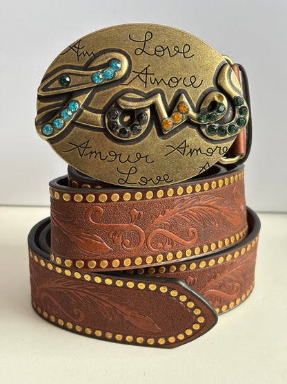 Western Cowboy Style PU leather Belt - Vintage Brown with LOVE Embossed Metal Buckle