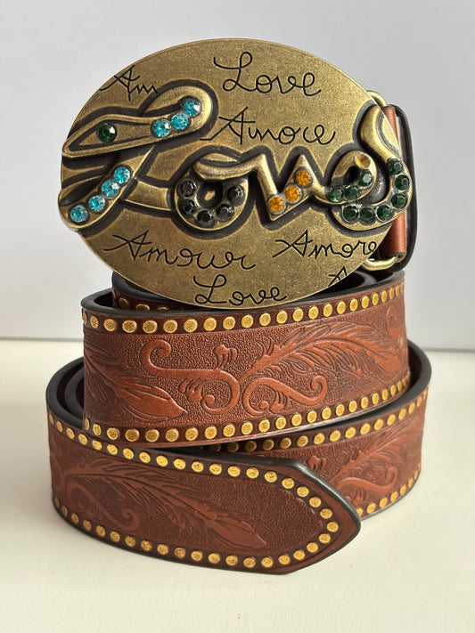 Western Cowboy Style PU leather Belt - Vintage Brown with LOVE Embossed Metal Buckle