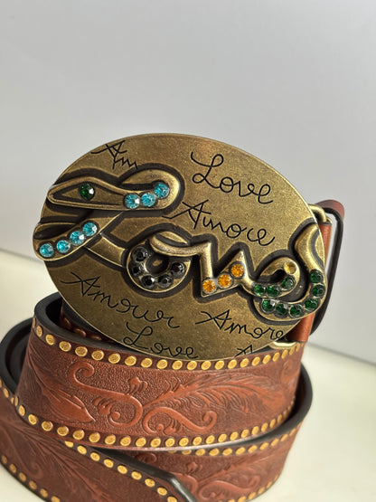 Western Cowboy Style PU leather Belt - Vintage Brown with LOVE Embossed Metal Buckle
