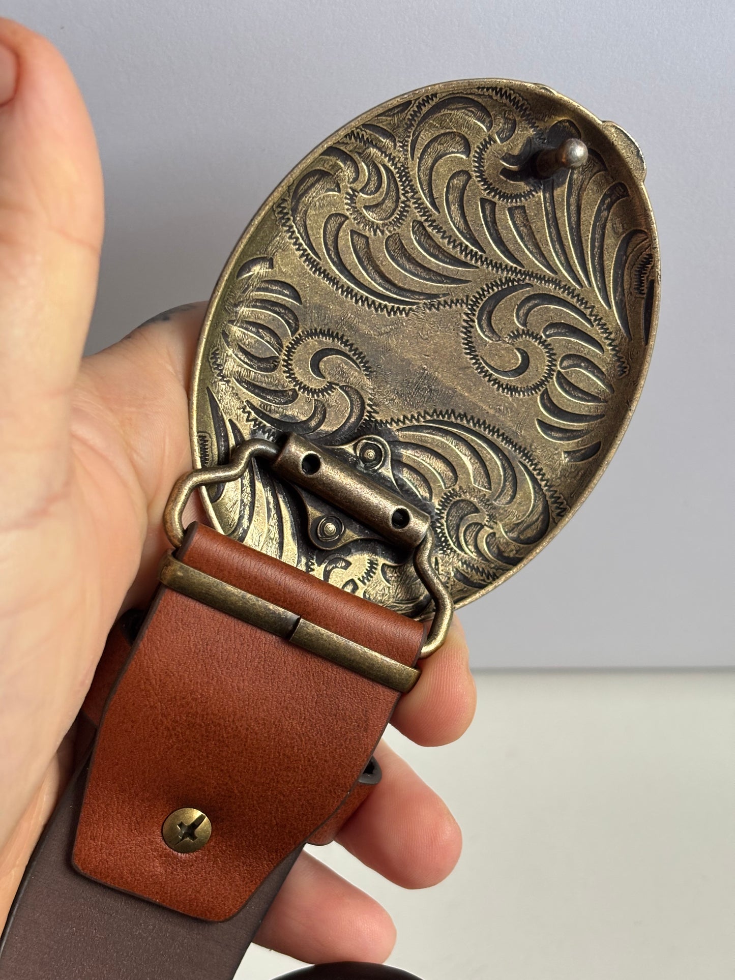 Western Cowboy Style PU leather Belt - Vintage Brown with LOVE Embossed Metal Buckle