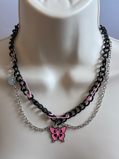 Unique Alloy Pink Butterfly Pendant Black Chain Necklace with Golden-Tone Accents