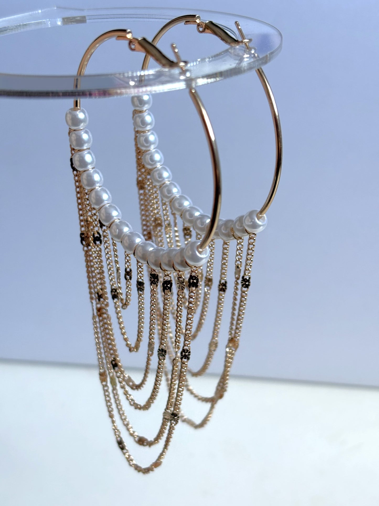 Chain Tassel Pendant Faux Pearl Decor Hoop Earrings Elegant Simple Style