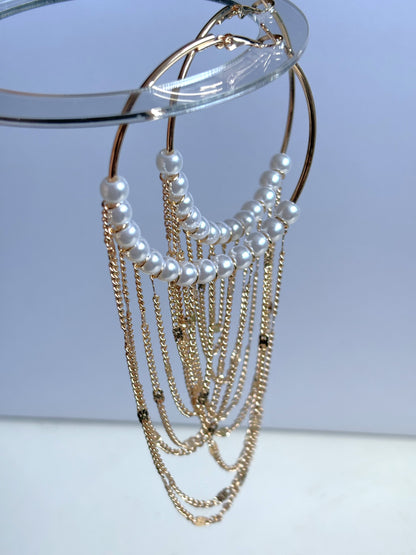 Chain Tassel Pendant Faux Pearl Decor Hoop Earrings Elegant Simple Style