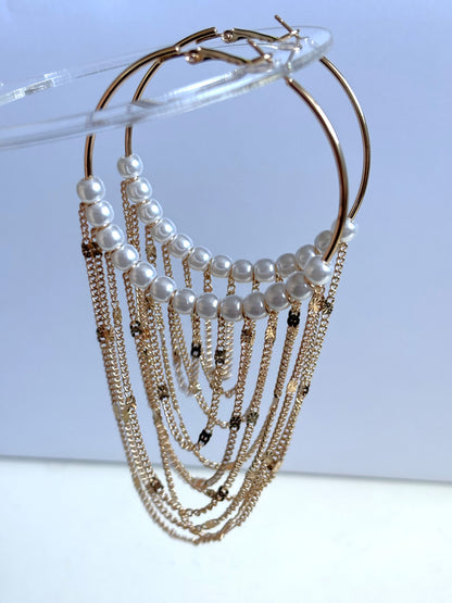 Chain Tassel Pendant Faux Pearl Decor Hoop Earrings Elegant Simple Style