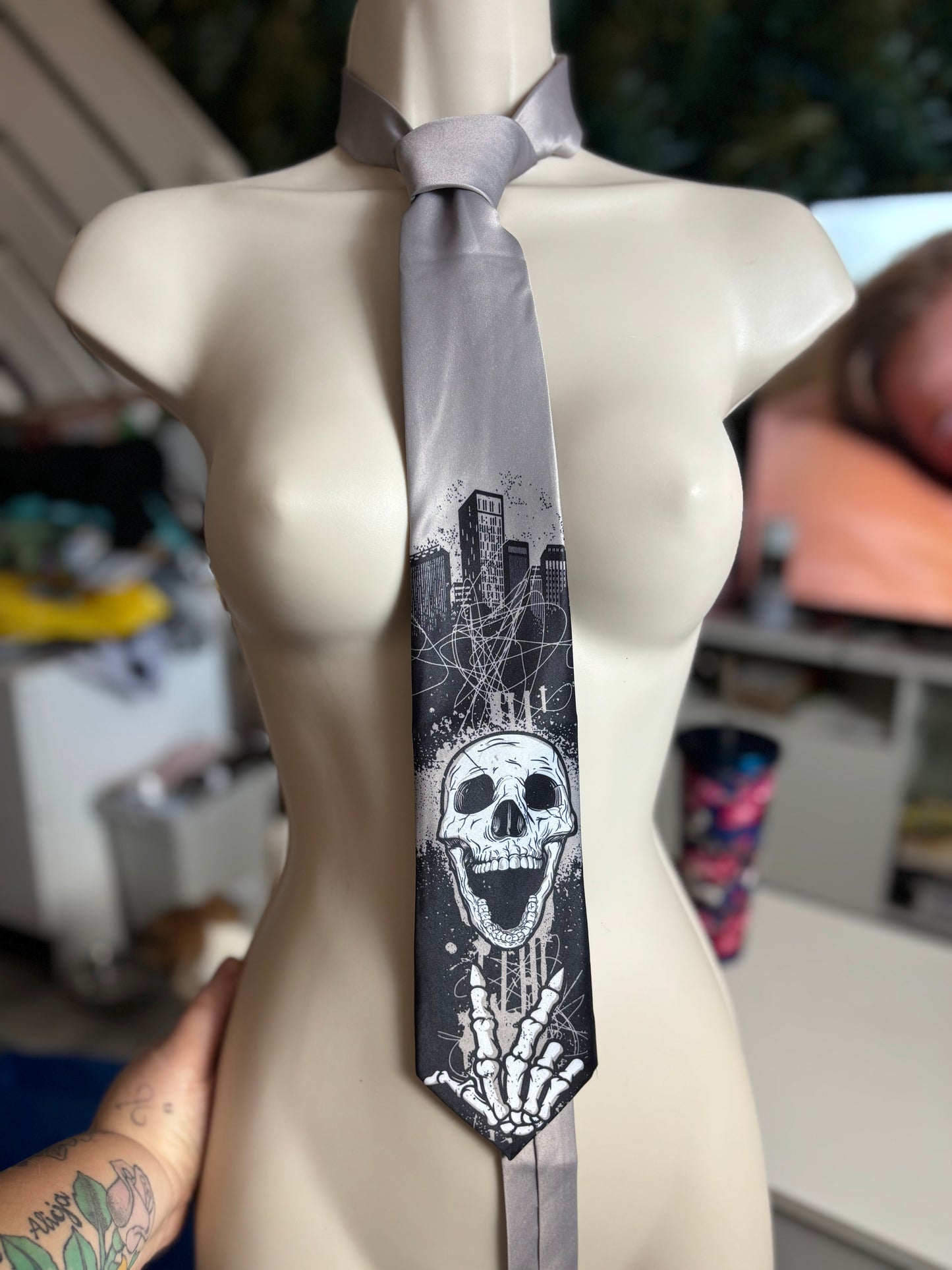 Polyester Tie With Gothic Style, Black Skeleton Pattern, Gothic Inspired Accessory